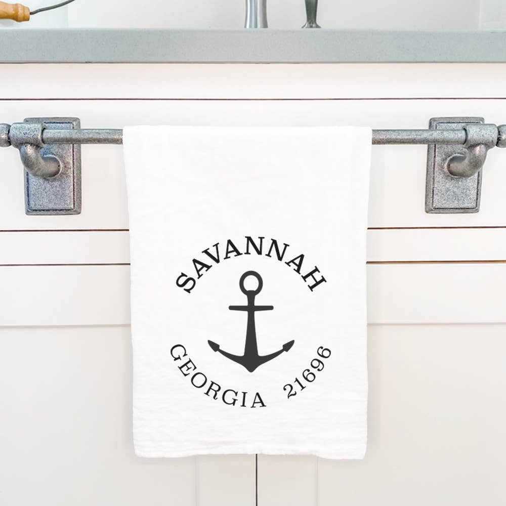 Cottage Shore - Anchor w/ City and State - Custom Cotton Tea Towel