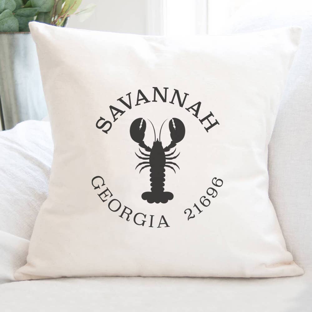 Cottage Shore - Lobster w/ City and State - Custom Square Canvas Pillow: Natural
